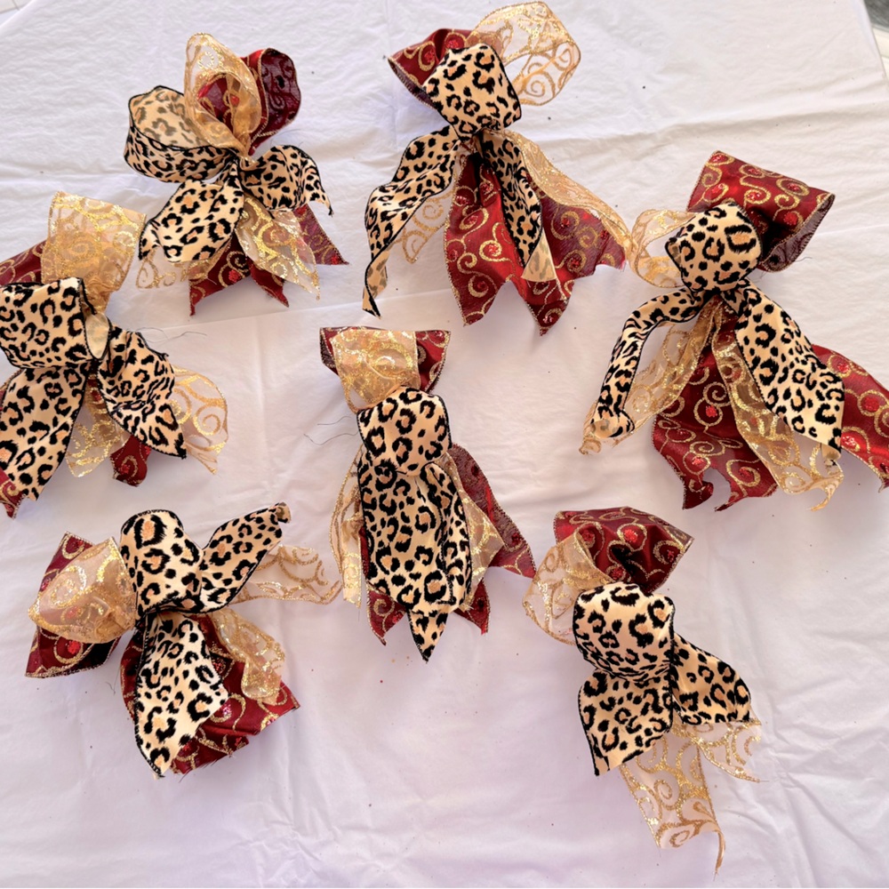 CUSTOM 7 Pc Set Maximalist Leopard Red & Gold Christmas Tree Bows Holiday Decor